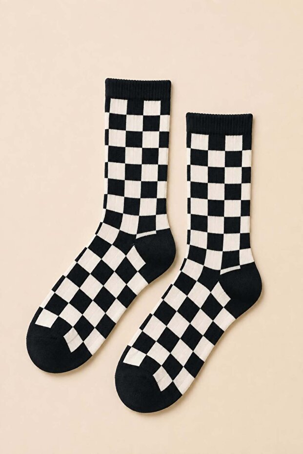 Black and White Checkered Patterned Unisex Socks