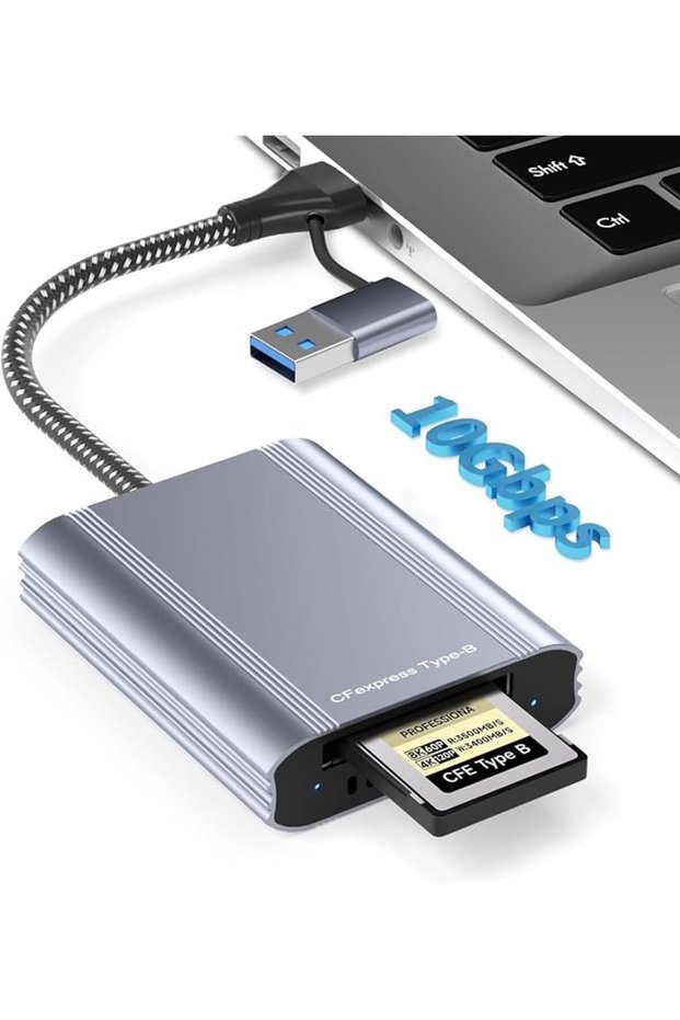 قارئ بطاقات CFexpress من النوع B عالي السرعة USB 3.2 Gen 2 بسرعة 10 جيجابت في الثانية مع محول ثنائي المنفذ USB-C و USB-A