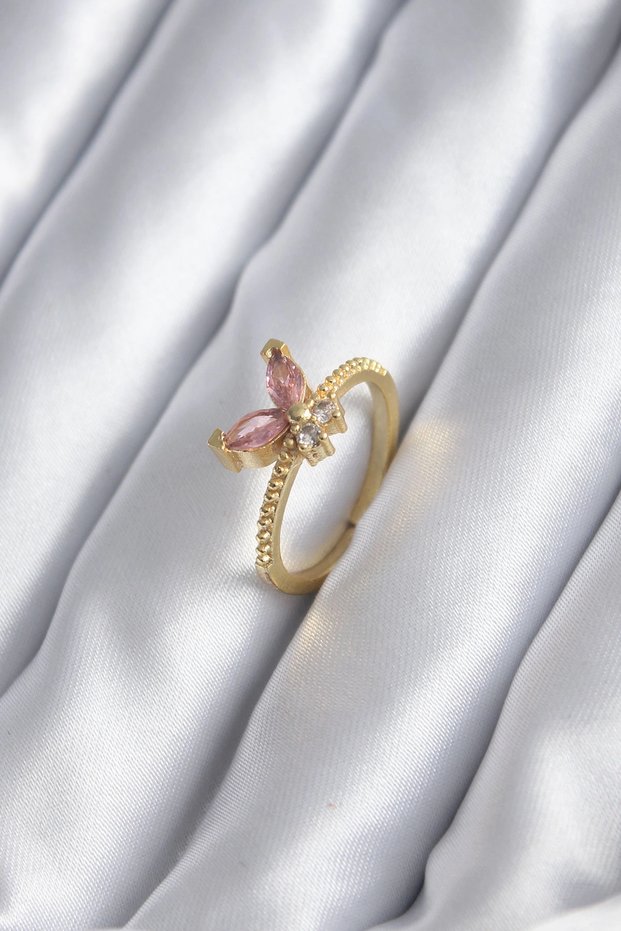 Gold Color Pink Zircon Stone Model Women's Ring Tj-Byk2842