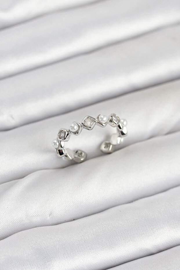 Brass Silver Color Zircon Stone Pearl Women's Ring Tj-Byk3877