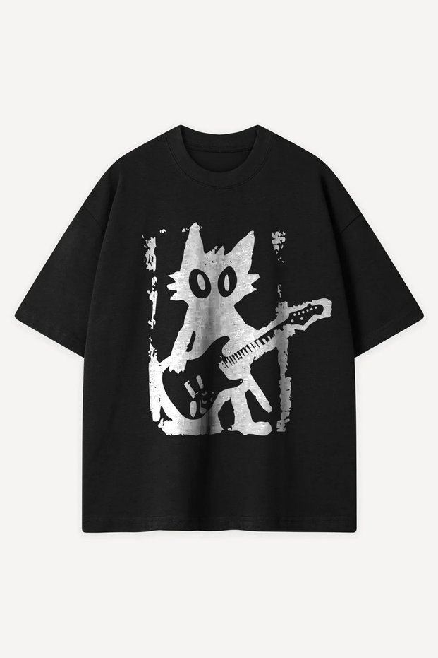 Guitar Cat Printed Black Oversize Tshirt