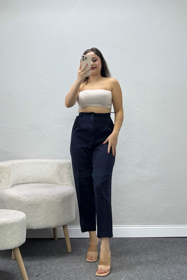 Women's Dabıl High Waist Pocket Detailed Trousers Navy Blue