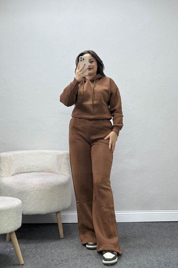 Women's 3 Thread Threaded Crop Tracksuit Set Brown