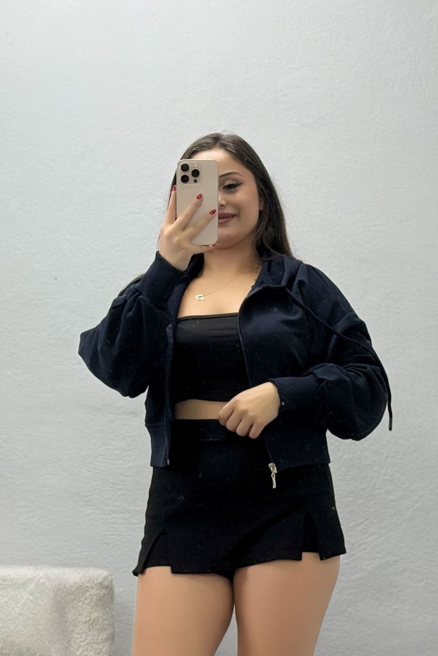 Women's 3 Thread Non-Threaded Balloon Sleeve Crop Sweat Navy Blue