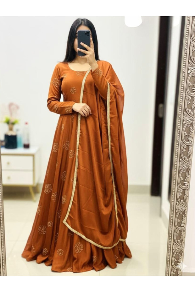 Rust Orange Rangoli Silk Floral Printed Anarkali Gown Set - RMD9490 | Rust Orange-Size:XL-42-Inches