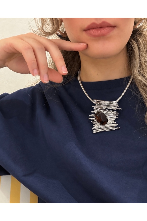 Sienna Sculptural Necklace – Silver Color Brown Stone Snake Chain Statement Necklace