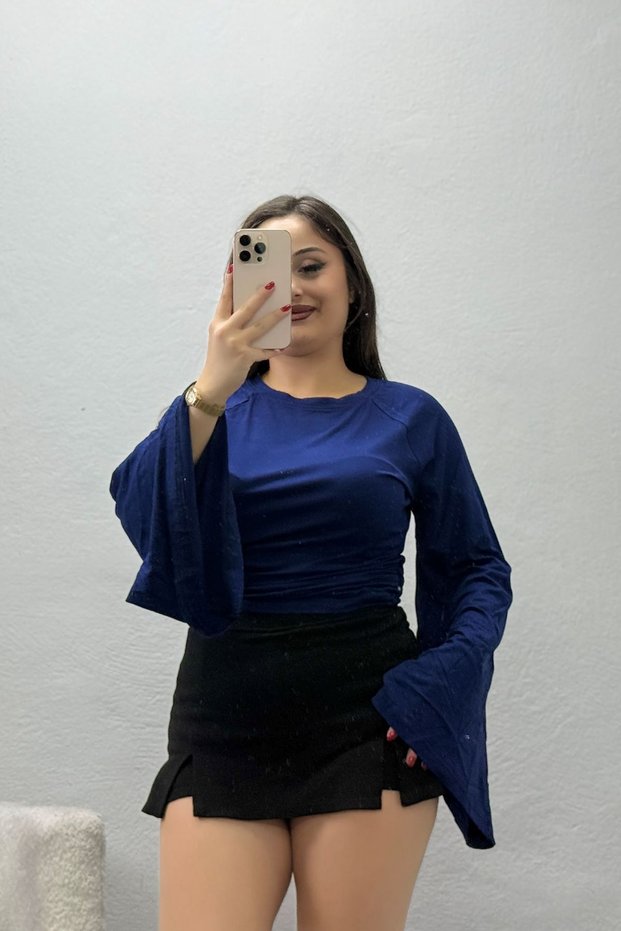 Women's Long Bat Sleeve Viscose Blouse Navy Blue