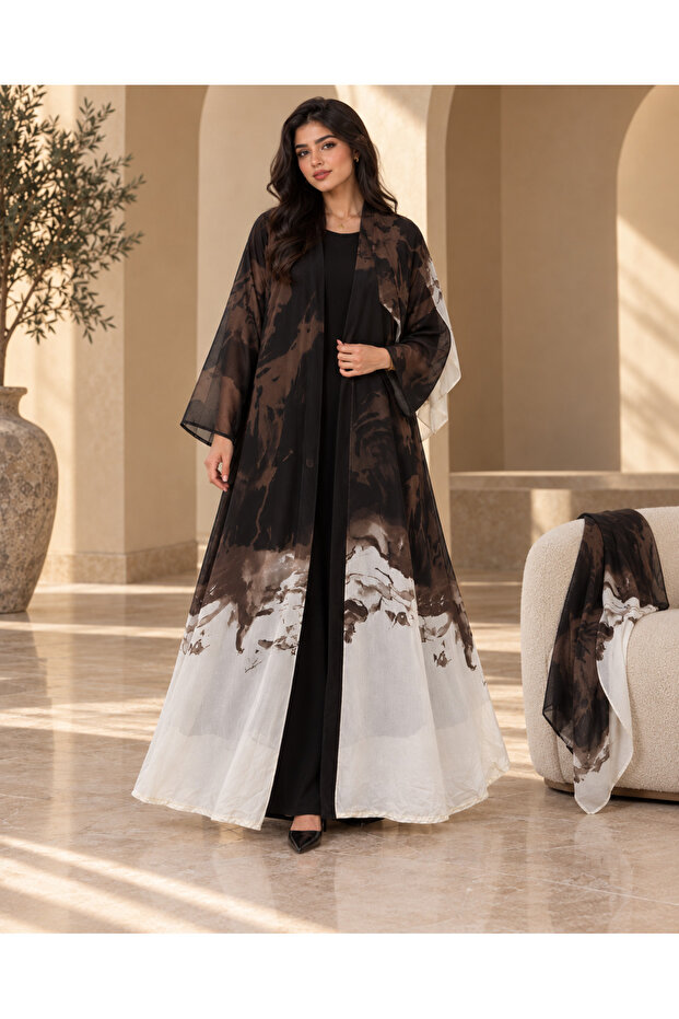 Luxury Abstract Print Open Abaya with Matching Hijab/Shawl – Black, Mocha & Ivory