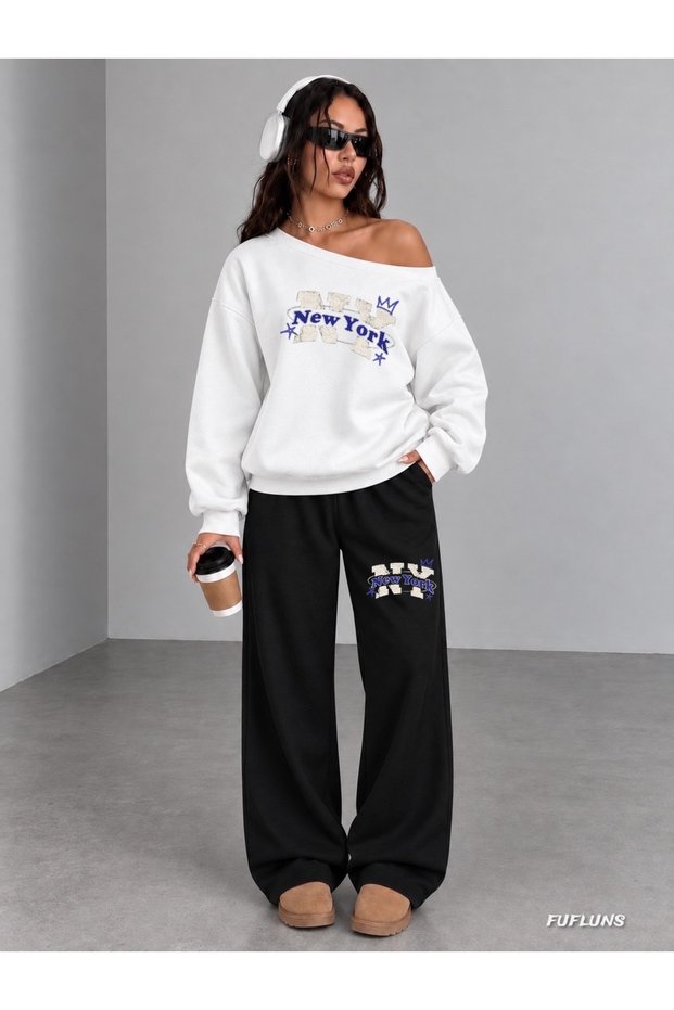 New York Ny Printed Women's Boat Neck Sweatshirt/Top Tracksuit Set