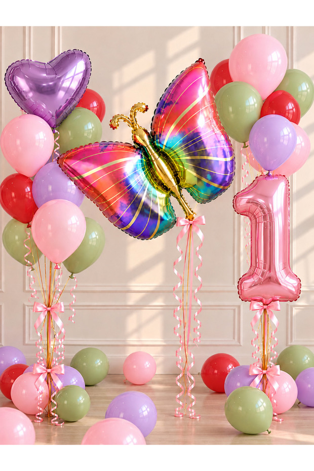 Party 1 Year Old Butterfly Birthday Balloon Set | Rakam Folyo | Heart Foil | 21 Latex Balloons