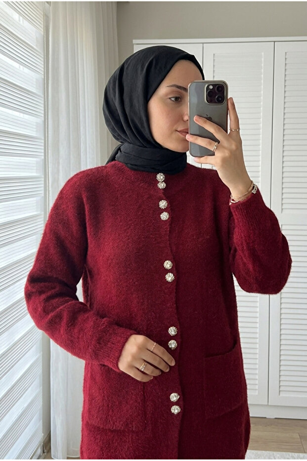 Women's Livia Stone Buttoned Bearded Knitwear Long Cardigan