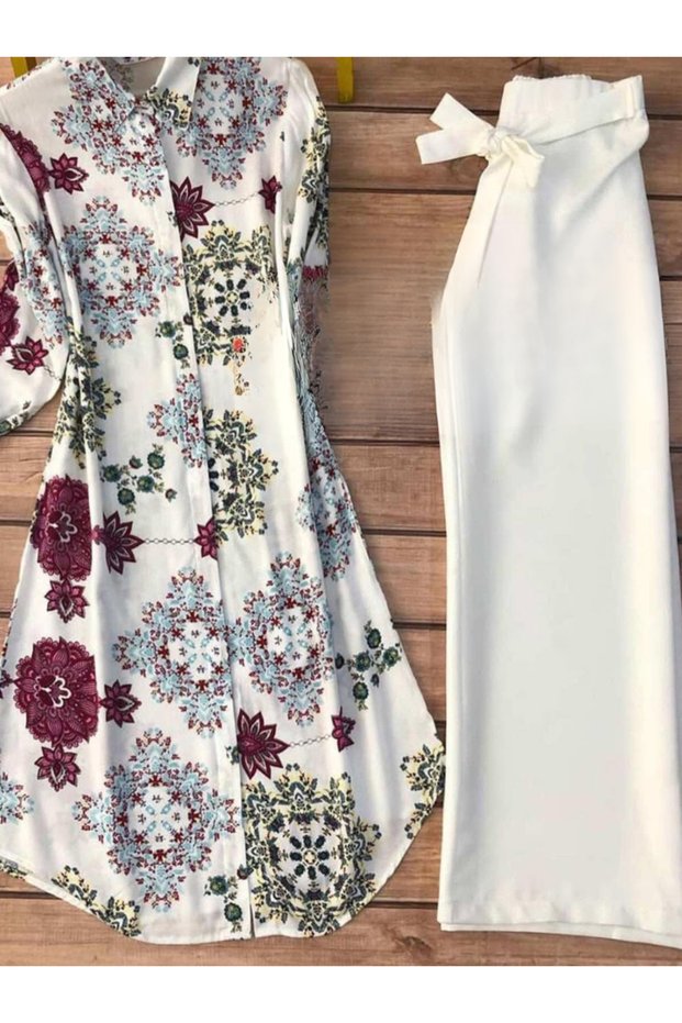 White Rayon Floral & Geometric Print Tunic Palazzo Set - FFT9164 | Multicolor-Size:XL-42-Inches
