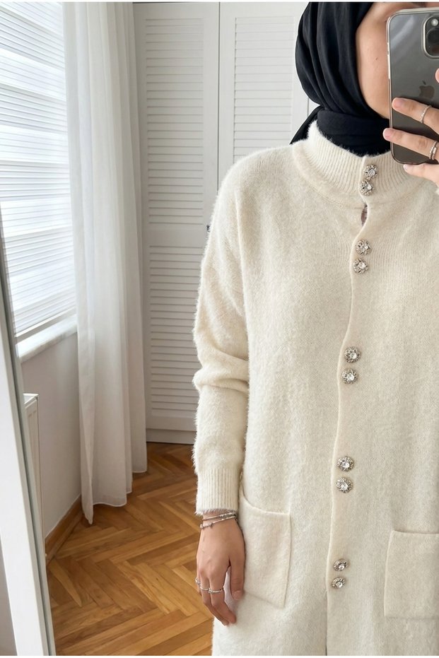 Women's Livia Stone Buttoned Bearded Knitwear Long Cardigan