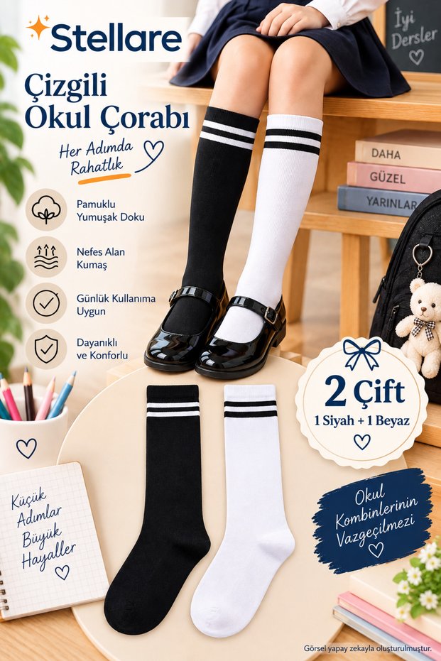 Girls' Black and White Striped Knee High Socks 2 Pairs (1 Pair Black - 1 Pair White) Cotton Soft School Socks