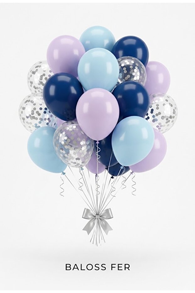 Galaxy Tale 20-Piece Balloon Set – Transparent 11-Inch Party Balloons in Macaron Lilac, Macaron Blue, Navy Blue, and Silver Confetti