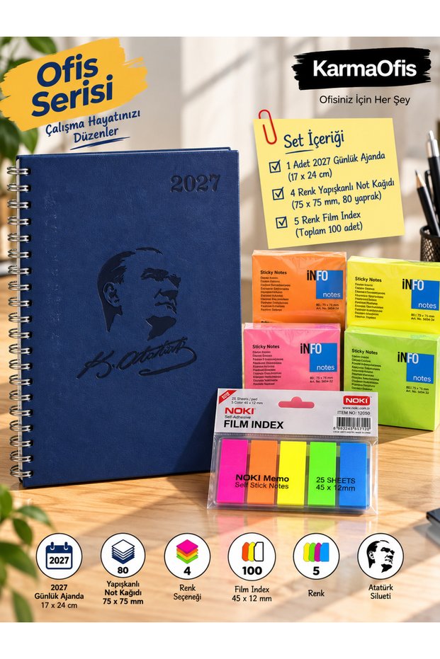 2027 Atatürk Silhouette Spiral Daily Agenda 17X24 cm Navy Blue + 4 Color Adhesive Note Paper + 100 Pieces Film Index Bookmark