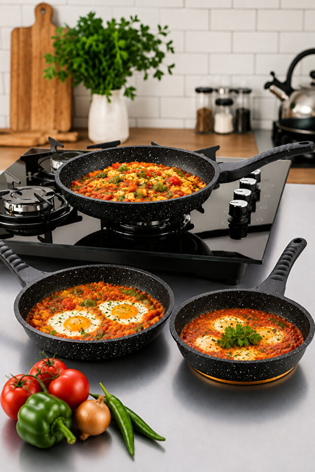 3-Piece Cast Iron Pan Set 20-24-28 cm | Granite Look Non-Stick Pan Set