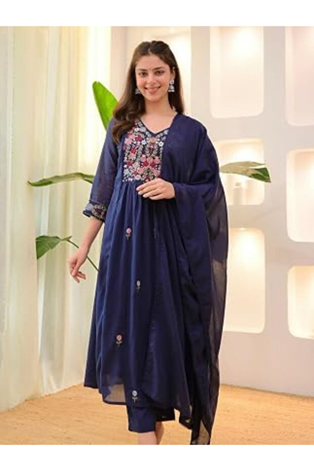 Navy Blue Floral Embroidered Anarkali Kurta Set - ALV2165 | Navy Blue-Size:XL-42-Inches