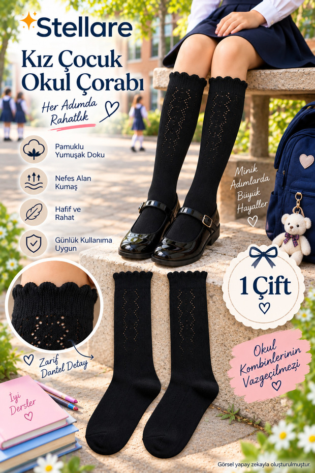 Girl's Black Openwork Knee-Length School Socks 1 Pair - Cotton Long Socks with Ruffled Lace Detail