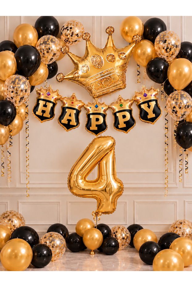 Party 4 Years Black Gold Birthday Party Set Number Foil Balloon Crown Happy Banner Balloon Decoration Set 1-9 Years
