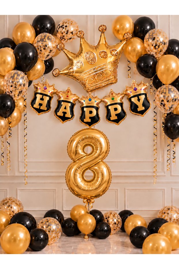 Party 8 Years Old Black Gold Birthday Party Set Number Foil Balloon Crown Happy Banner Balloon Decoration Set 1-9 Years Old