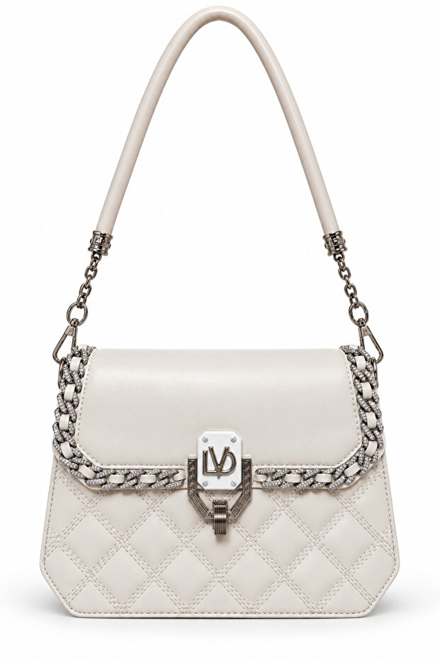 Quilted Embroidered Stone Detailed Double Strap Women's Stylish Hand and Shoulder Bag Cream