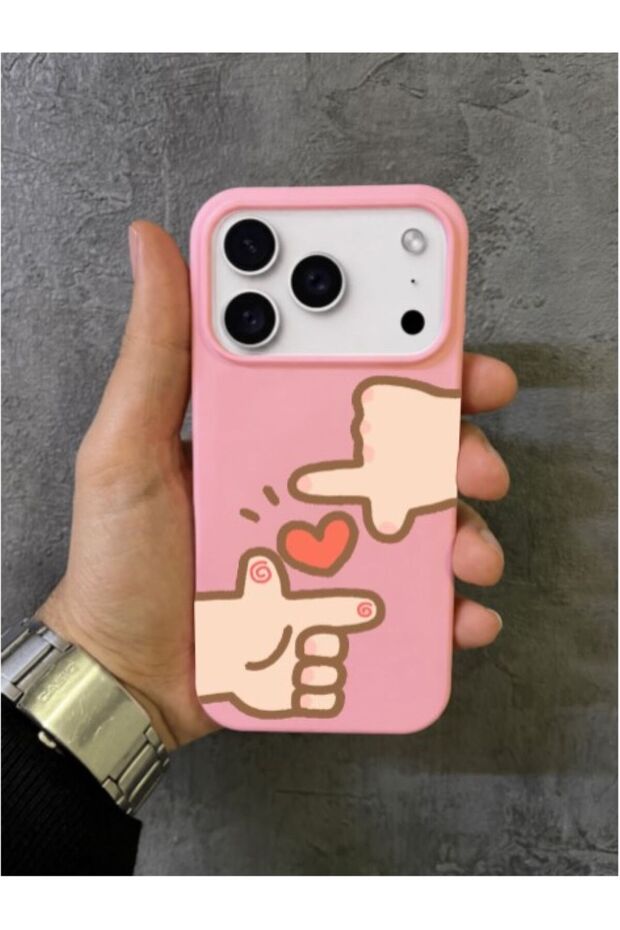 iPhone 17 Pro Max - 18 Pro Max Compatible Cute Drawing Hand and Figure Illustrated Pink Case