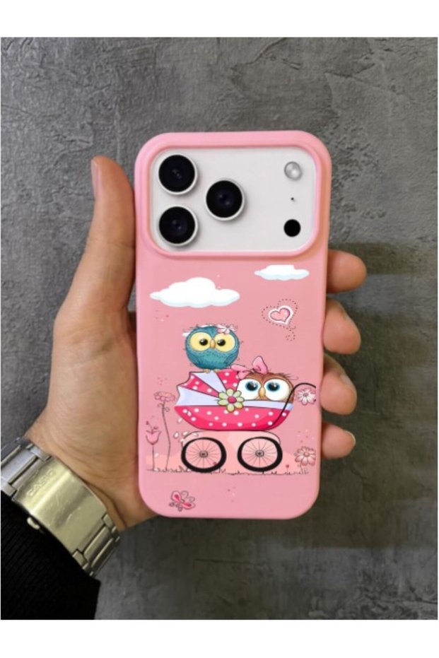 iPhone 17 Pro Max - 18 Pro Max Compatible Pink Case with Baby Car and Family Owls Design
