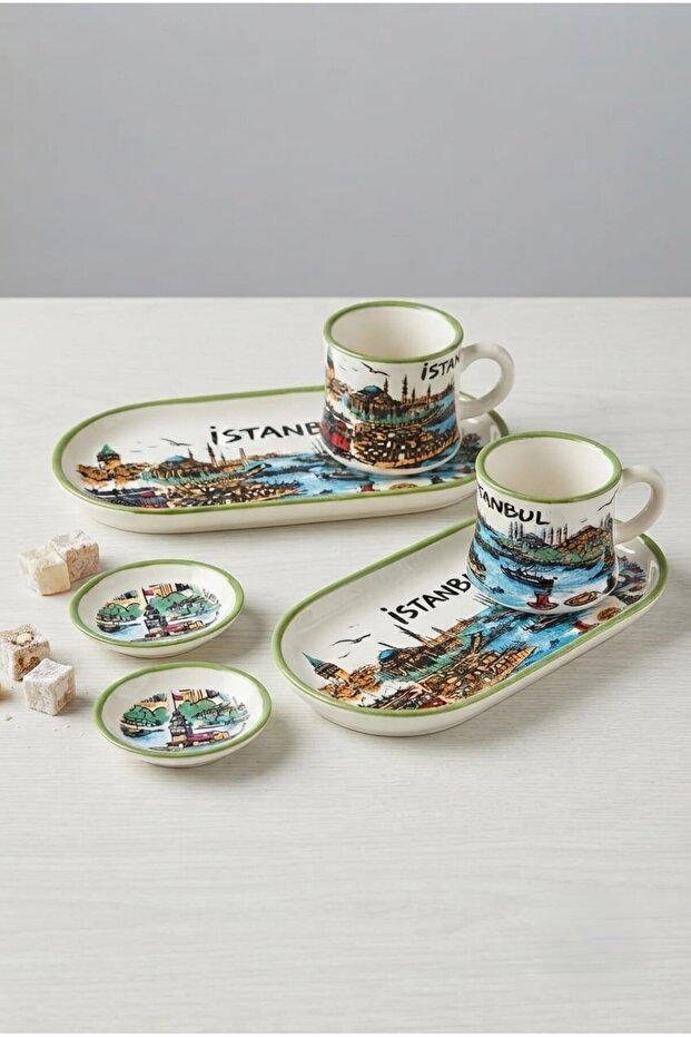 Istanbul Themed Special Design Turkish Coffee Cup Set for 2 People, Oval Presentation Plate Set with Turkish Delight Bowl