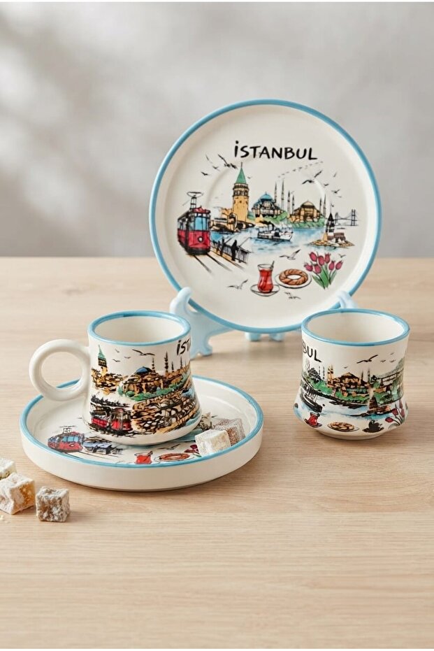 Sunart Istanbul Themed Turkish Coffee Cup Set with Round Plate for 2 People