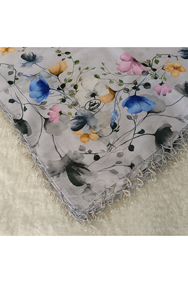 Handmade Patterned Yarn Embroidery with Ring Beads on the Edge, Yemeni, Scarf, with Embroidery on 4 Sides