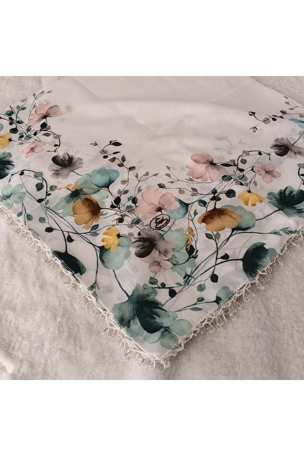 Handmade Patterned Yarn Embroidery with Ring Beads on the Edge, Yemeni, Scarf, with Embroidery on 4 Sides