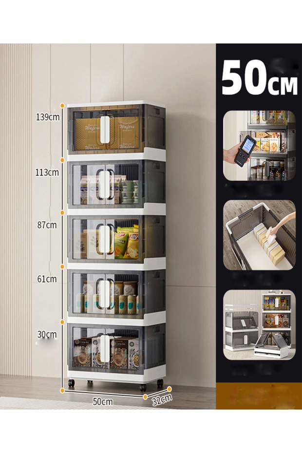 5-Tier Plastic Storage Cabinet with Transparent Doors and Wheels 50x31.5x139 cm