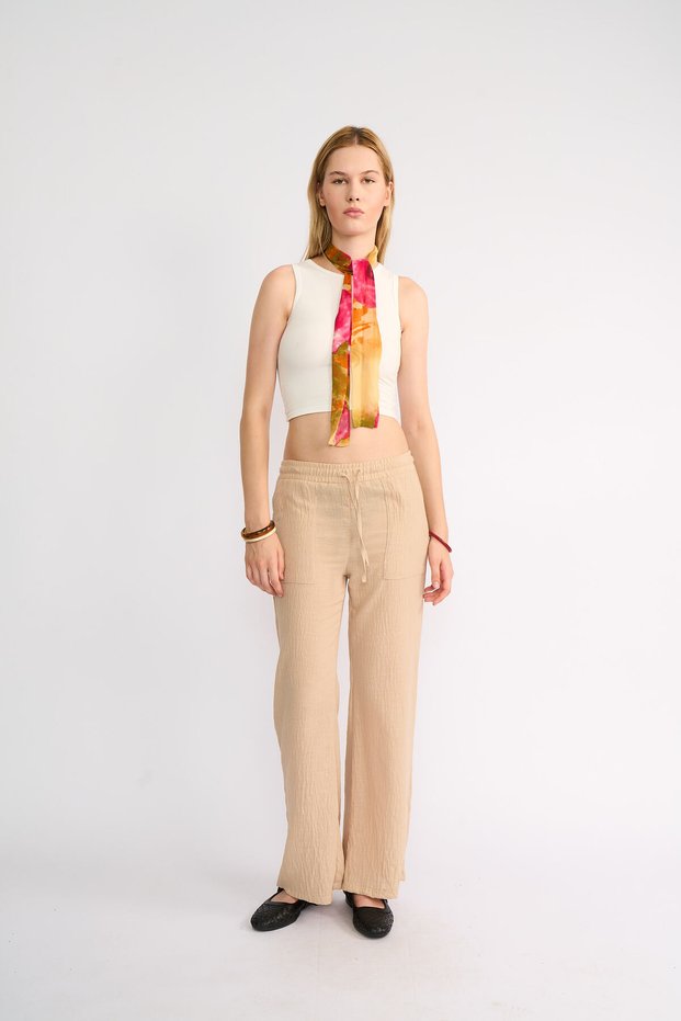 Women's Elastic Waist Lace-Up Pocketed Wide-Leg Trousers