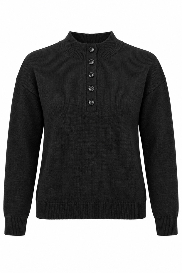 Soft Textured Stand Collar Half Placket Buttoned Knitwear Sweater Aw25Kz0140
