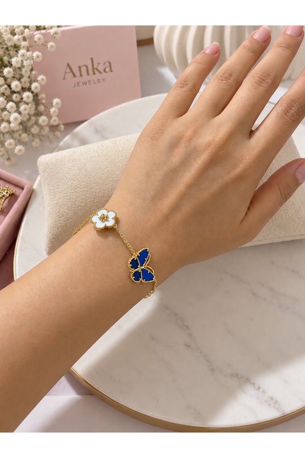 Women's Flower and Butterfly Figure Chain Bracelet – Stylish and Elegant Design with Blue Details