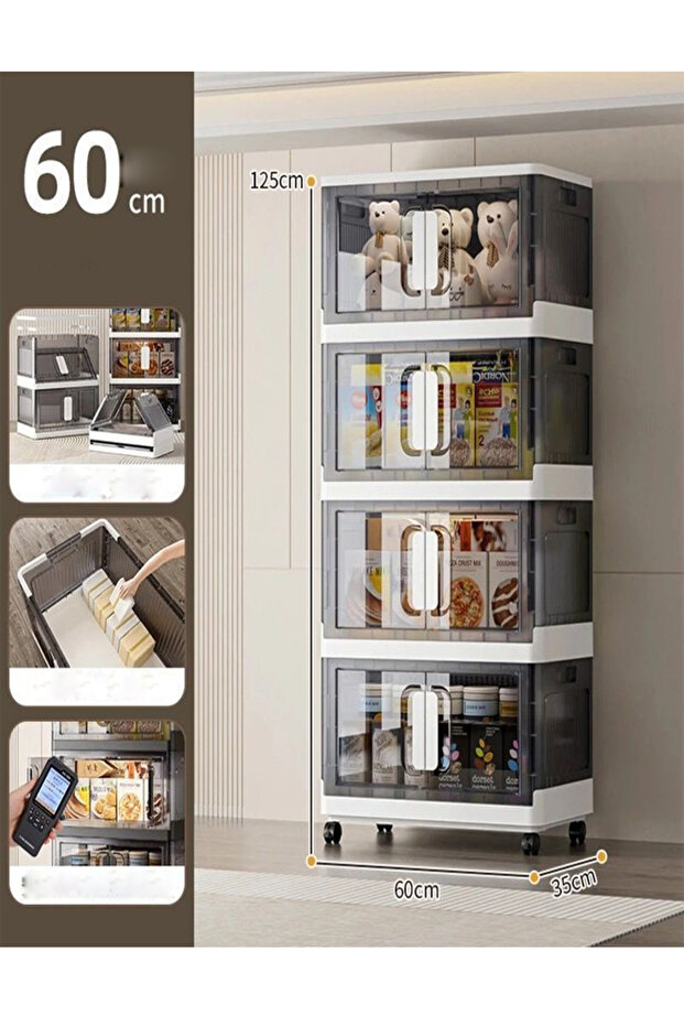4-Tier Foldable Storage Cabinet with Transparent Doors, Wheels, PP Plastic Organizer, 60 x 35 x 125 cm