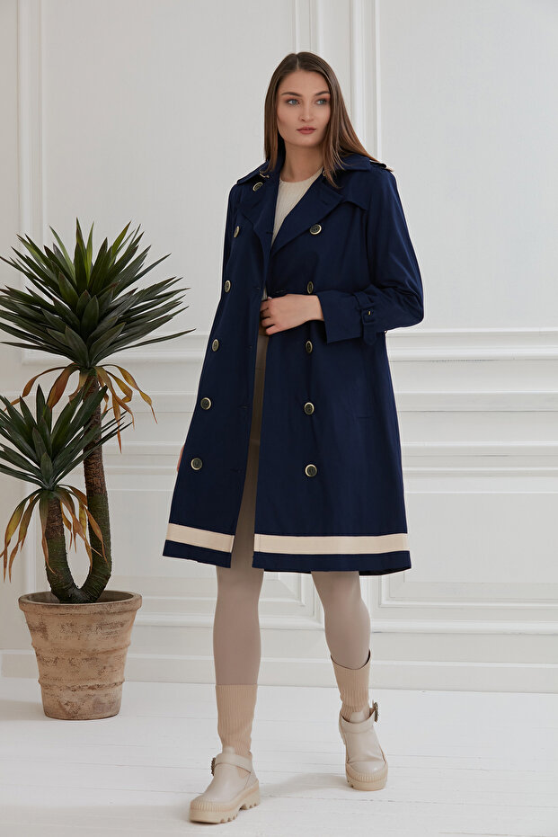 Women's Long Trench with Pocket Details and Buttons