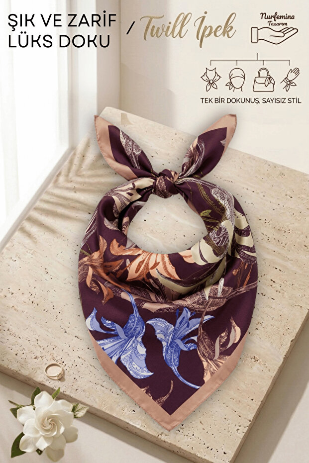 Authentic Floral Pattern - Twill Silk Texture - Multi-Purpose Square Bandana Scarf 50X50 cm
