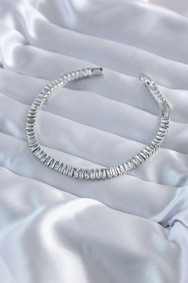 Brass Silver Color Zircon Stone Baguette Model Women's Bracelet