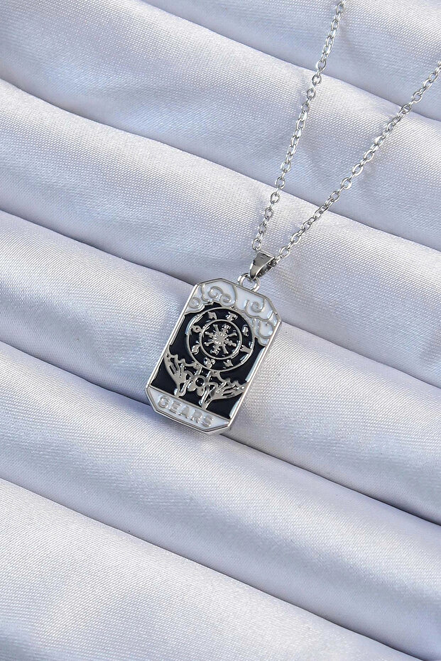 316L Steel Chain Silver Color Embossed Black Enamel Tarot Pendant Tj-Bko9237