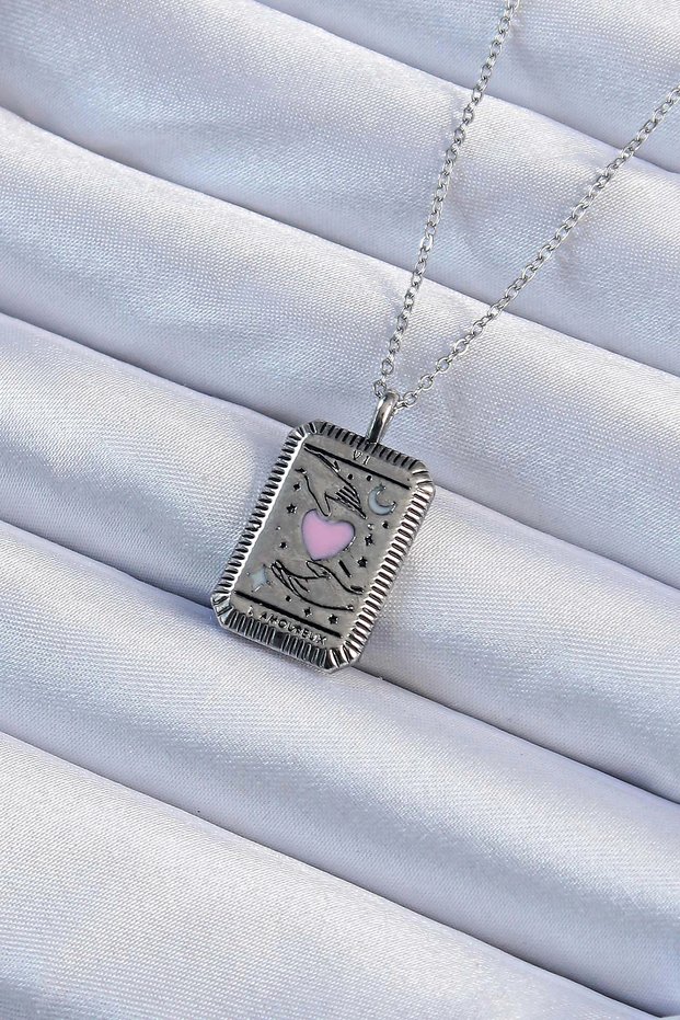 316L Steel Chain Antique Silver Color Pink Enamel Heart Figured Tarot Necklace Tj-Bko9232
