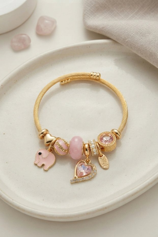 Heart and Elephant Model Pink Charm Bracelet Tj-Bb8748