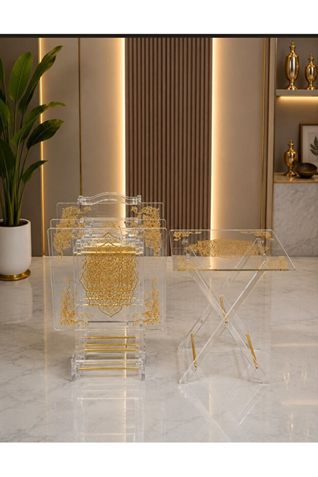 Transparent Acrylic Serving Table Set Gold Decorated Acrylic Serving Table