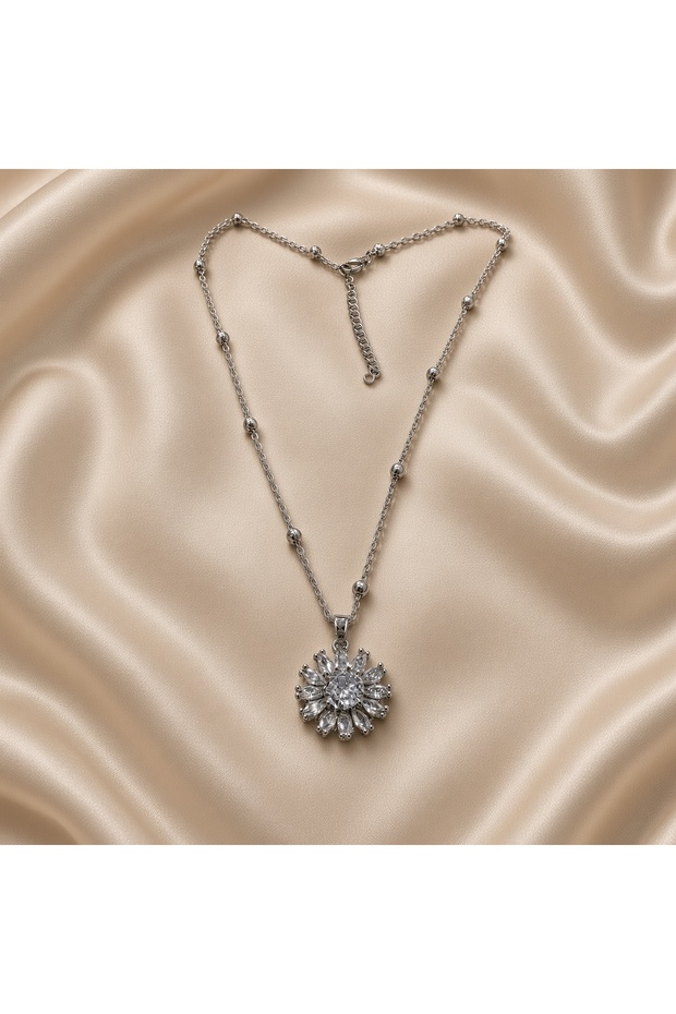 Silver Color Zircon Stone Flower Steel Necklace - Tarnish Resistant - 45cm