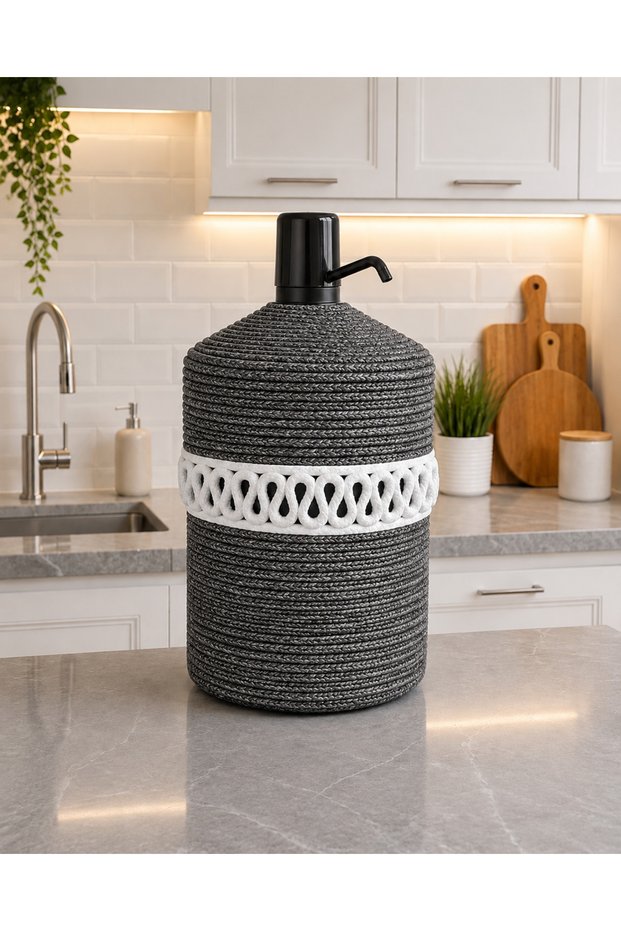 Gray Knitted Drawstring Bottle Cover – Handmade Decorative Water Dispenser Cover – Kitchen Decoration