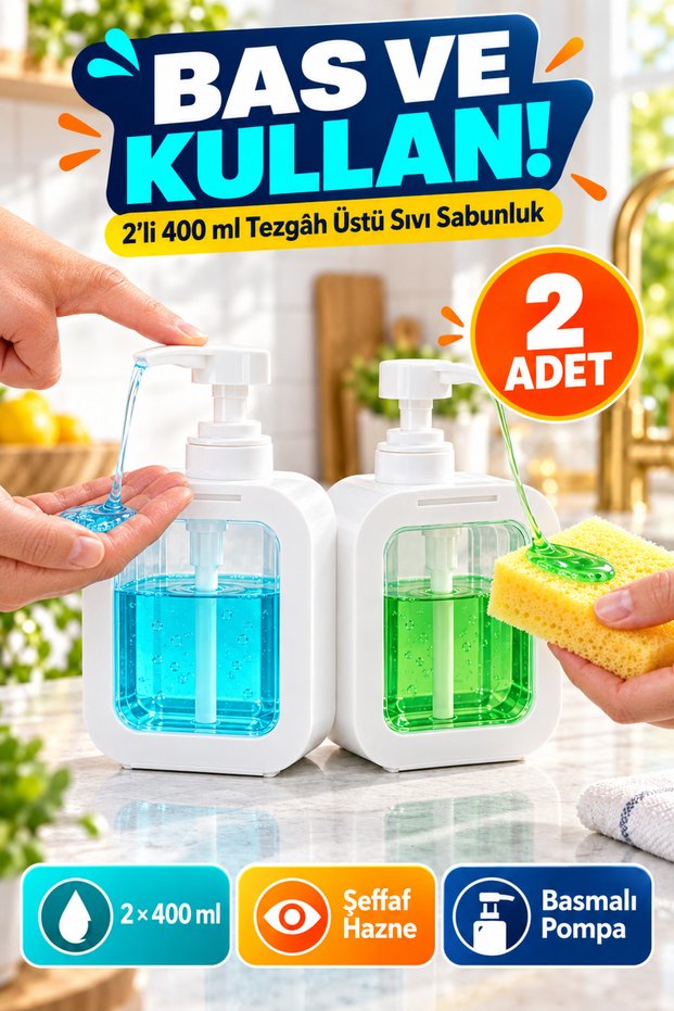 Set of 2 400 ml Countertop Liquid Soap Dispensers with Transparent Reservoir Bathroom Kitchen Dishwashing Detergent Dispenser Set Byz