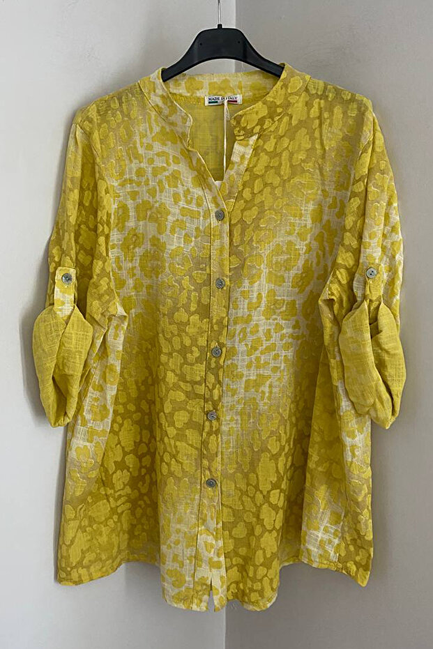 Women's Italian Yellow Tie-Dye Leopard Patterned Folded Orphan Sleeve 100% Cotton Shirt Blouse
