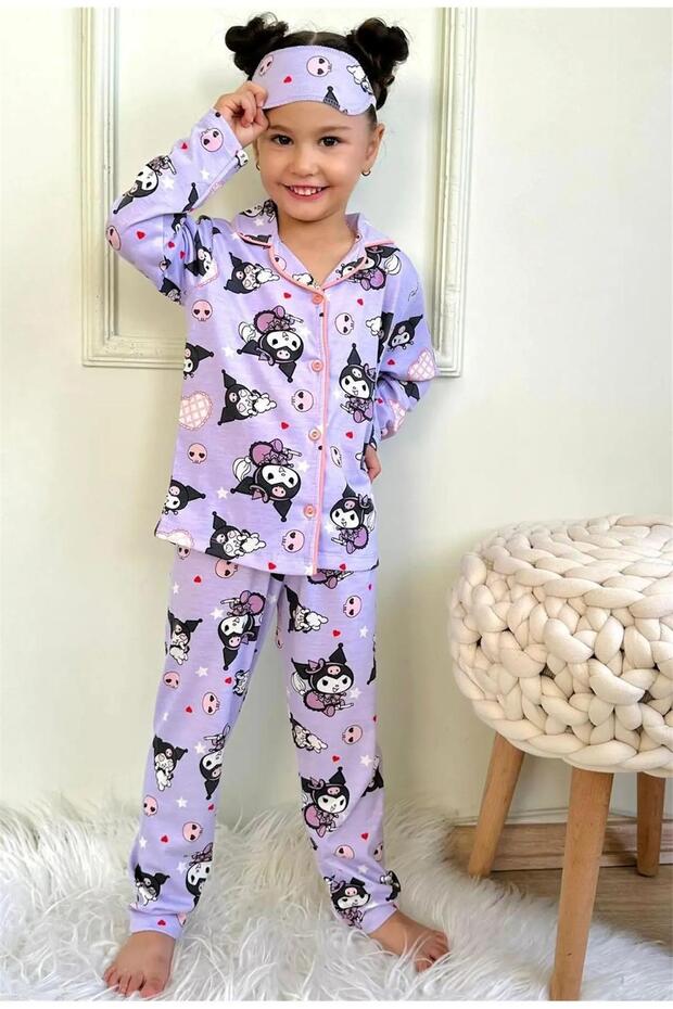 Cat Patterned Cotton Front Buttoned Long Sleeve Pajama Set with Eye Patch - 9038