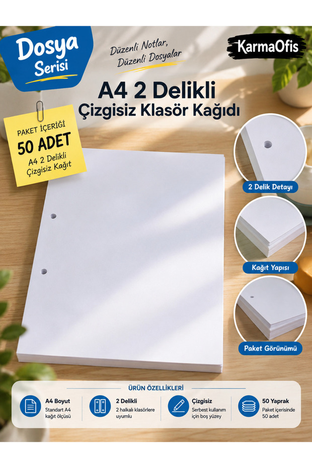 A4 2-Hole Unlined Folder Paper |   2-Ring Folder Compatible with 50 Sheets, Optional